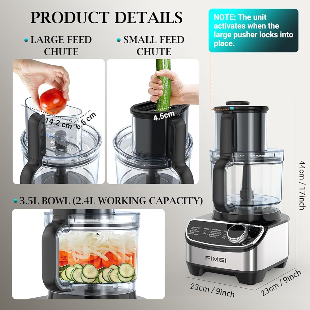 FIMEI Robot culinaire multifonction 1300W, 3 vitesses et fonction pulse, hachoir 3,5L, mixeur 1,5L, moulin, presse agrumes, crochet pétrisseur, fouet, râpe, disque tournant, Sans BPA : Cuisine et Maison