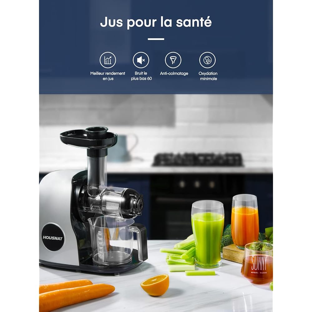 Housnat Extracteur de Jus de Fruits et Légumes, Extracteur Jus avec moteur silencieux, Slow Juicer Nutriments Maximaux - 90% Jus Pureté, Extracteur jus de Fruits et Légumes, Fonction Inverse : Cuisine et Maison