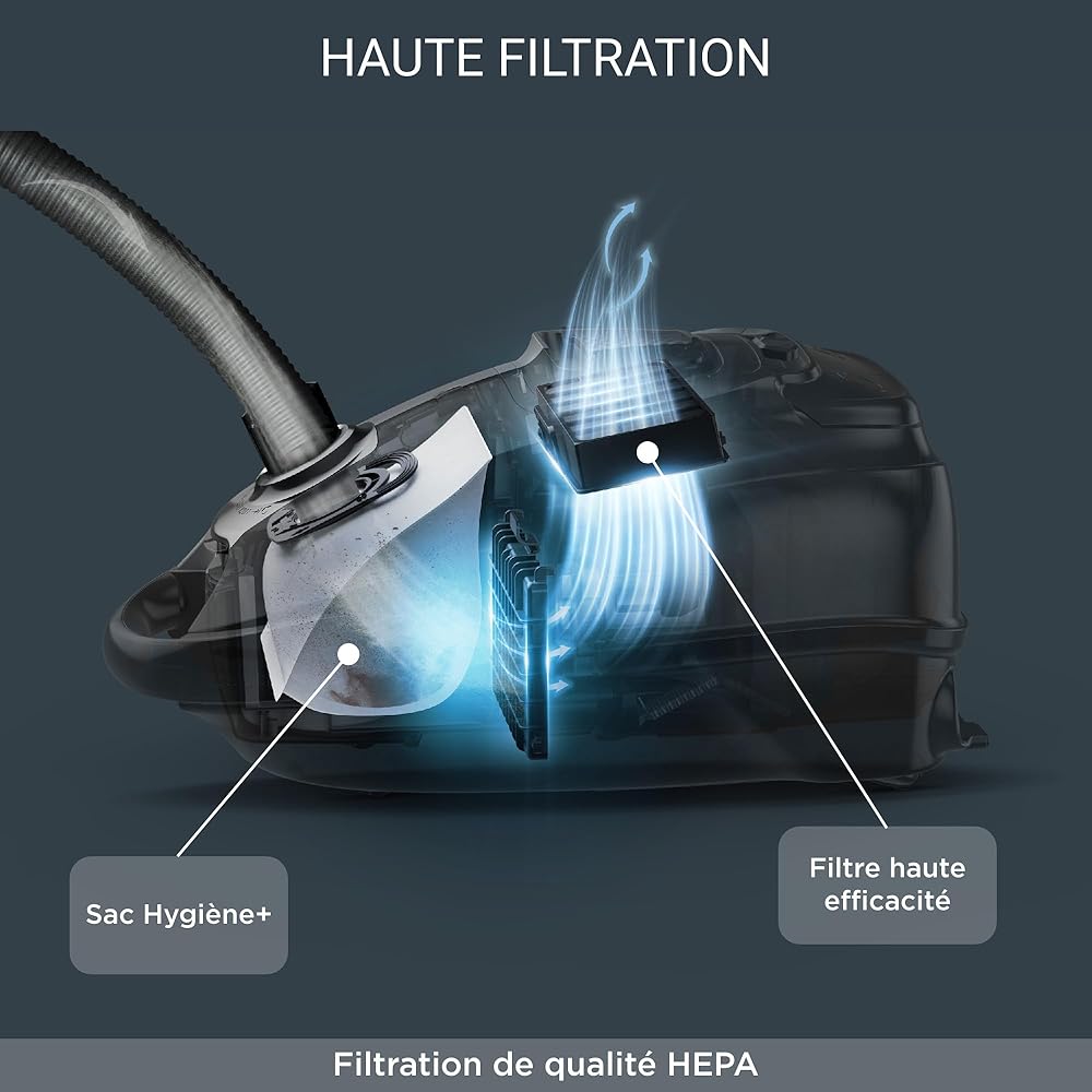 ROWENTA Silence Force Effitech Aspirateur avec Sac, Silencieux 57 DB(A), Basse consommation, Haute Filtration, Rayon d'action 12 m, Fabriqué en France RO7451EA, Bleu : Cuisine et Maison