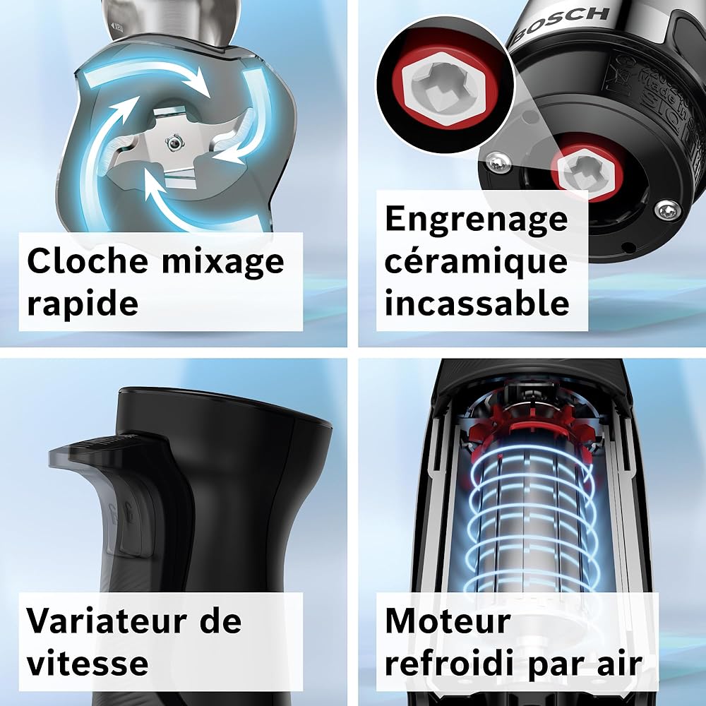 Bosch, mixeur plongeant, ErgoMaster Série 6, moteur 1000 watts refroidi par air, variateur de vitesse extra large, système de mixage QuattroBlade System Pro, accessoires inclus, MSM6M673 : Cuisine et Maison
