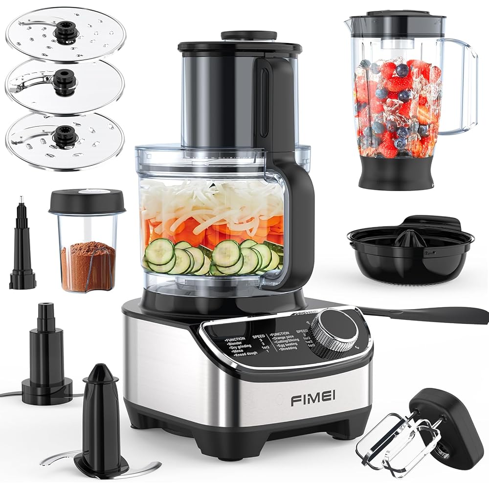 FIMEI Robot Multifonction Cuisine 1300W, 3 vitesses et fonction pulse, hachoir 3,5L, mixeur 1,5L, moulin, presse agrumes, crochet pétrisseur, fouet, râpe, disque tournant, Sans BPA : Cuisine et Maison