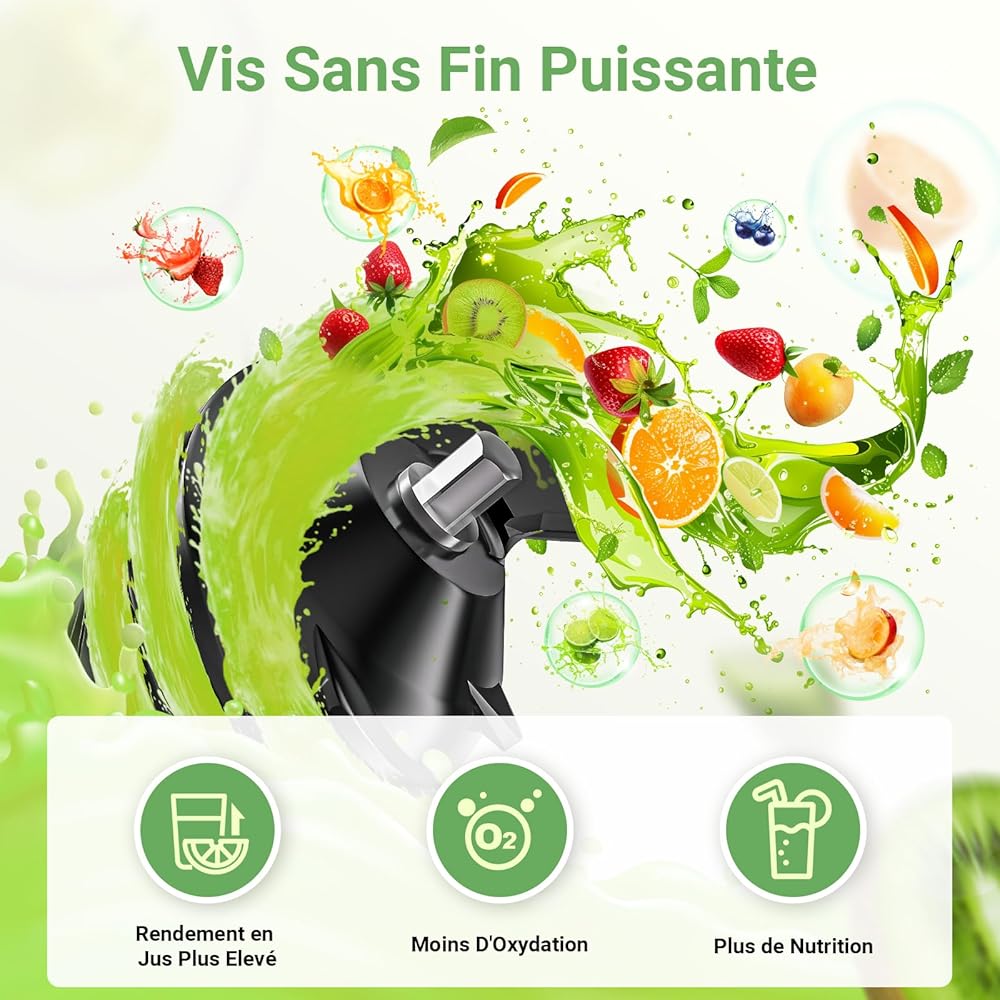 AAOBOSI Extracteur de Jus, Extracteur de Jus de Fruits et Légumes Ouverture de 110 mm, Fonction de Mastication Inversée,Sans BPA, avec 2 Tasses et Brosse, adapté à tous les Fruits et Légumes : Cuisine et Maison