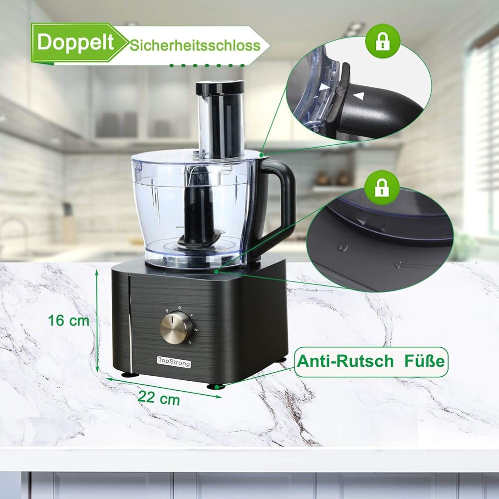 TopStrong Robot Cuisine Multifonction,1100W Robot Multifonction,11 en 1 Robot Culinaire inclus Hachoir, Crochet Pétrisseur,Mixeur, Presse-agrumes et Moulin à Café, 3,2L Bol et 1,5L Blender : Cuisine et Maison
