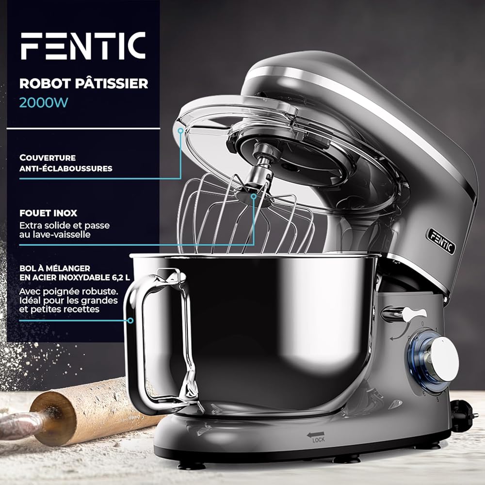 Fentic Robot Pâtissier – 2000W – Bol mélangeur en acier inoxydable (6,2L) – Avec fouet, Crochet pétrisseur et Batteur plat – Incl. et accessoires supplémentaires (Anthracite) : Cuisine et Maison