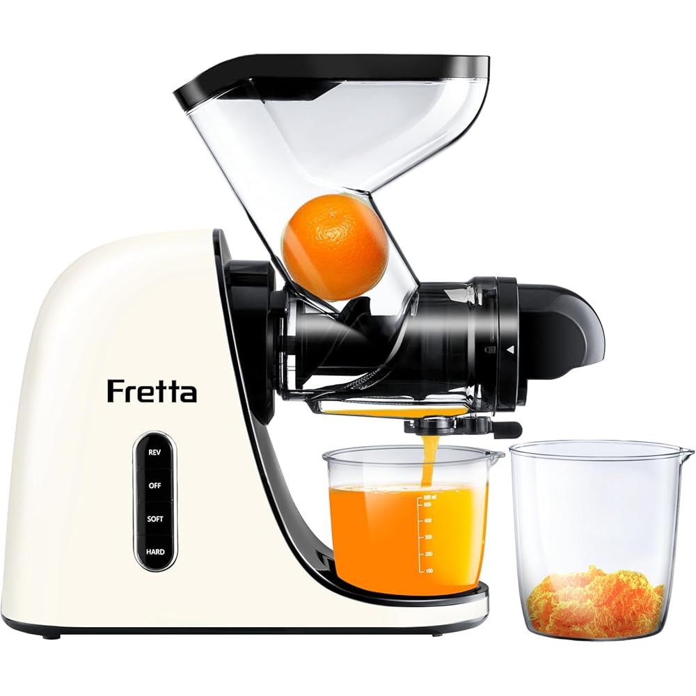 Fretta Extracteur de Jus à Pression à Froid, Goulotte d'alimentation Large de 76 MM, Presse-agrumes à Froid sans BPA, Extracteur de Jus de Fruits et Légumes, Recettes de Jus Incluses (blanc) : Cuisine et Maison