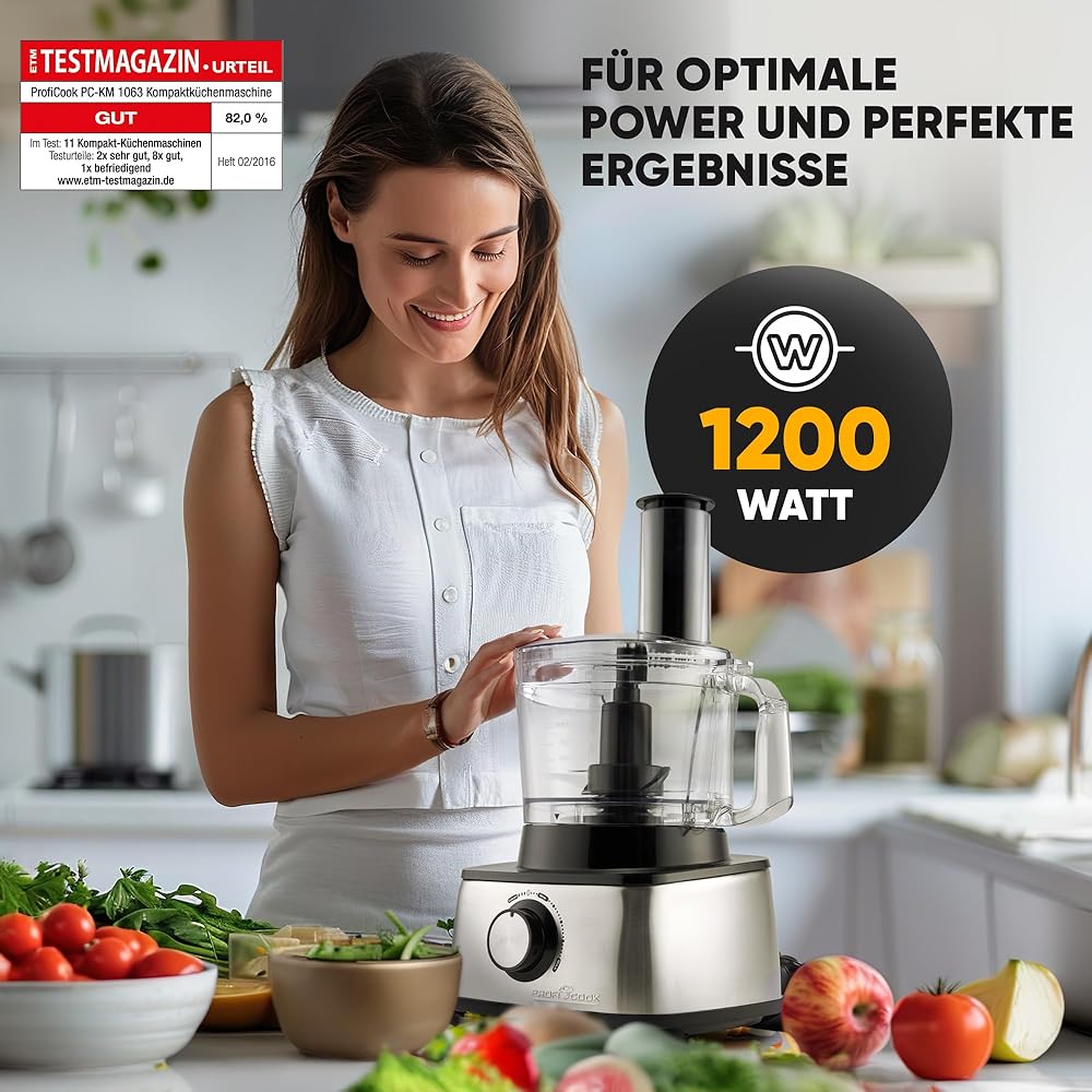 ProfiCook PC-KM 1063 Robot de cuisine compact avec boîtier en acier inoxydable, couper, pétrir, mixer, presse-agrumes, 1.2L, ouverture de remplissage, avec fonction turbo et 11 accessoires, 1200W : Cuisine et Maison