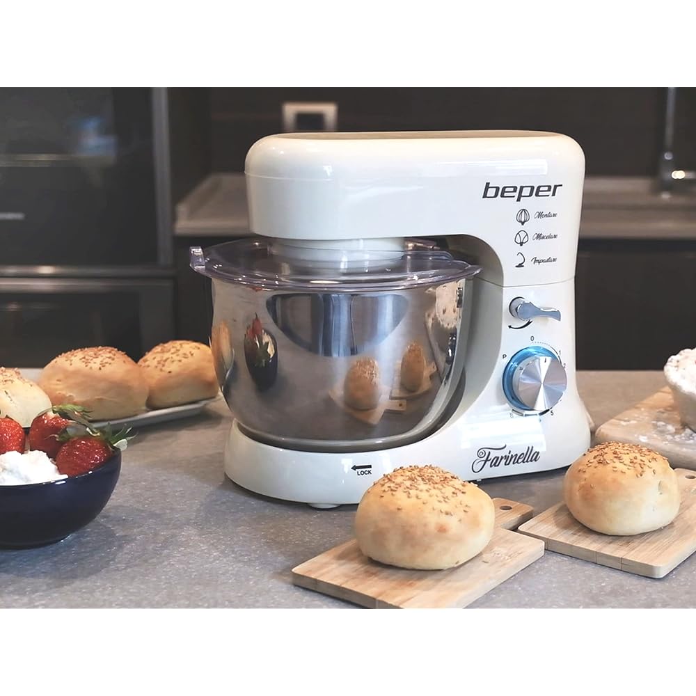 Beper BP.200 Robot pâtissier planétaire, puissance 1000 W, récipient en acier inoxydable de 4,5 L, pour pétrir, amalgamer et monter à neige, couleur crème : Cuisine et Maison
