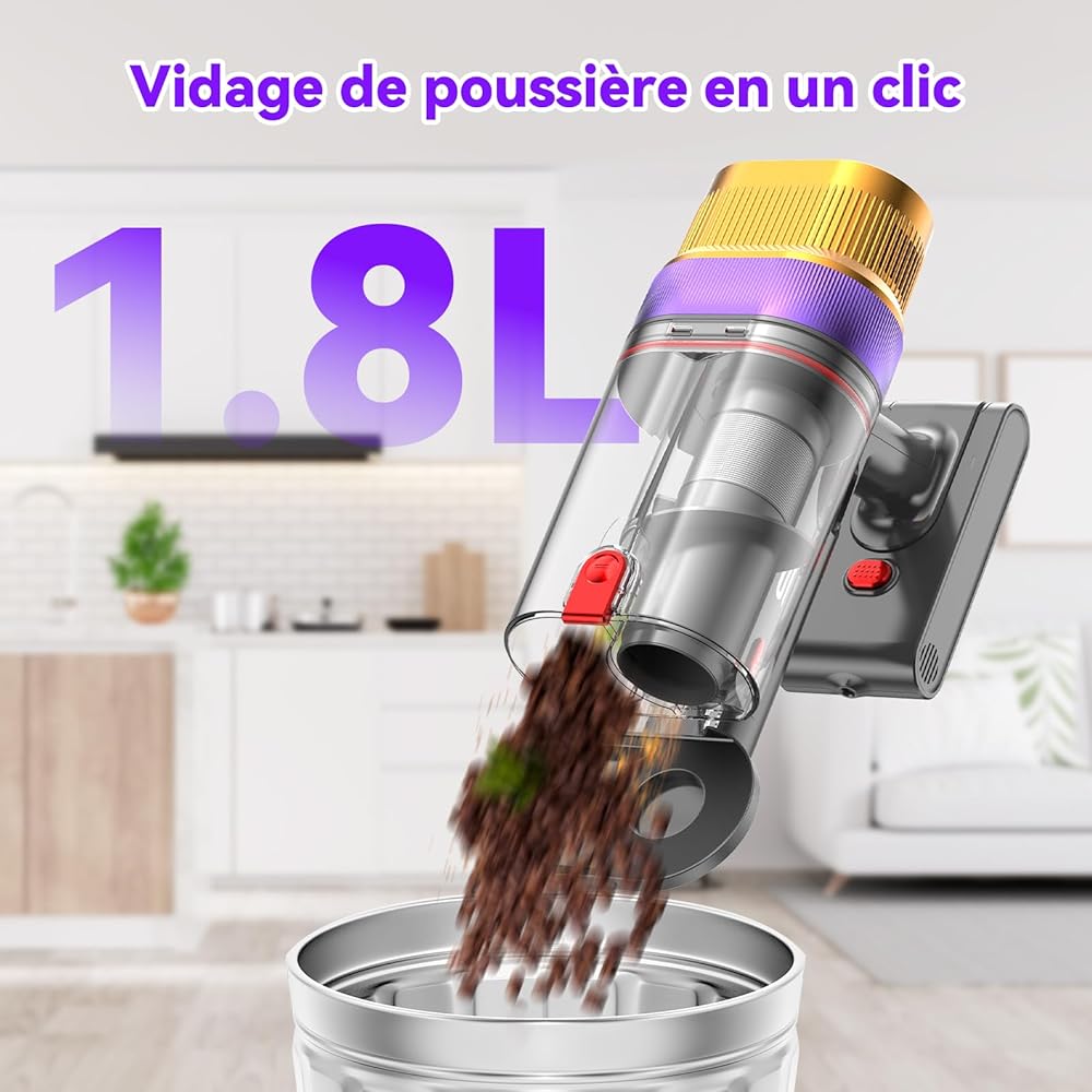 Vistefly V15 Ultra Aspirateur Balai sans Fil, 600W/48Kpa/70Mins Aspirateur sans Fil Puissant avec Écran Double, Design à Double Conteneur Aspi pour Sols Durs Poils d'animaux Tapis : Cuisine et Maison