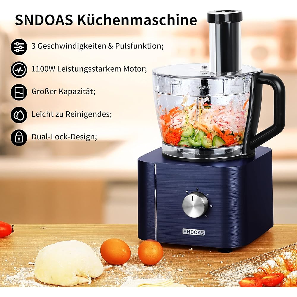 SNDOAS Robot Multifonction Cuisine, 1100 W Robot Culinaire, Bol Mélangeur 3.2 L, Hachoir Multifonction, Robot Mixeur 1.5 L, Moulin à café, Bleu Foncé : Cuisine et Maison