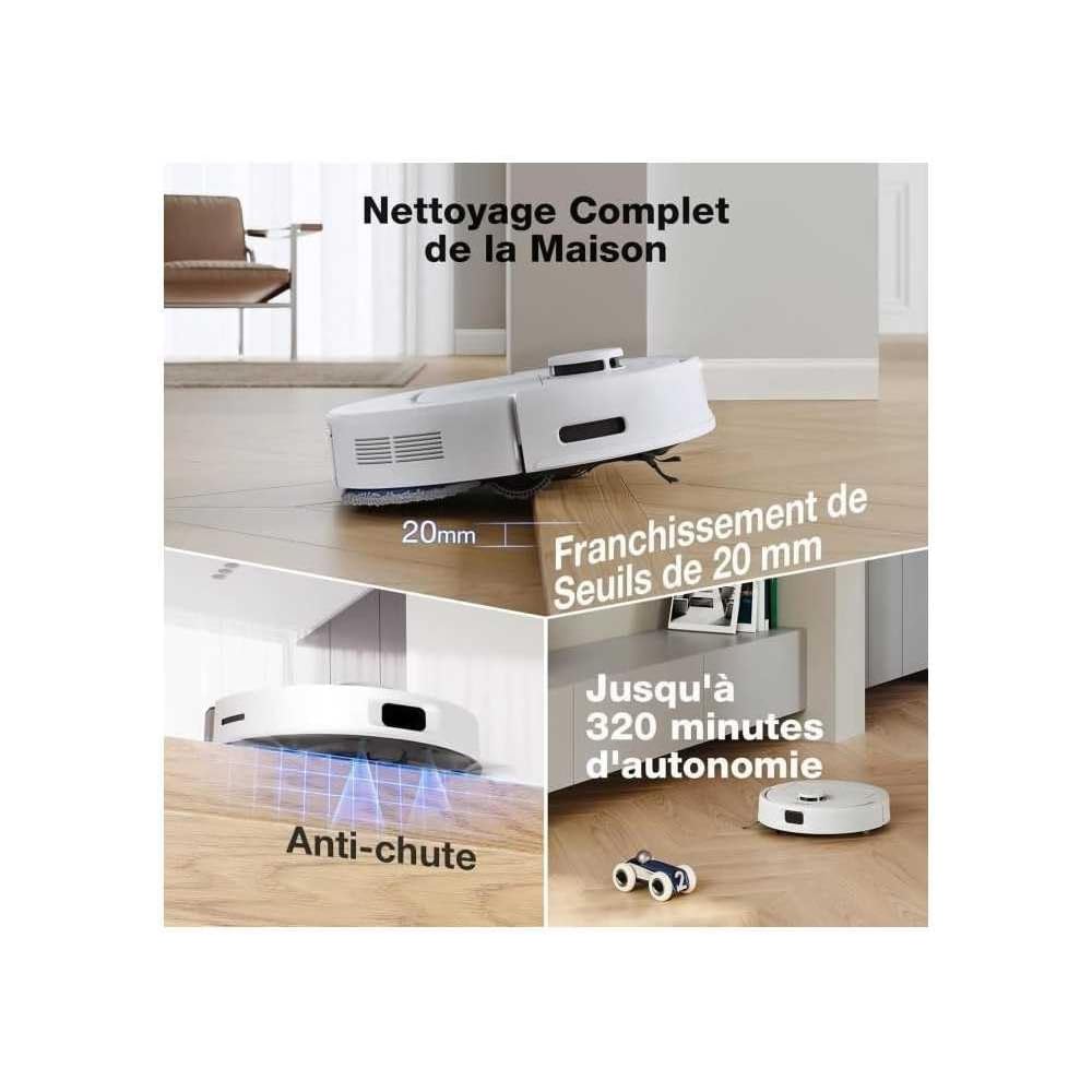 ECOVACS N30 PRO OMNI Aspirateur Robot avec Station OMNI tout-en-un, 10000Pa, Robot Aspirateur Laveur avec Brosse ZeroTangle 2.0, Nettoyage à l'eau chaude 60℃, Nettoyage Humide adaptatif TruEdge, Blanc : Cuisine et Maison