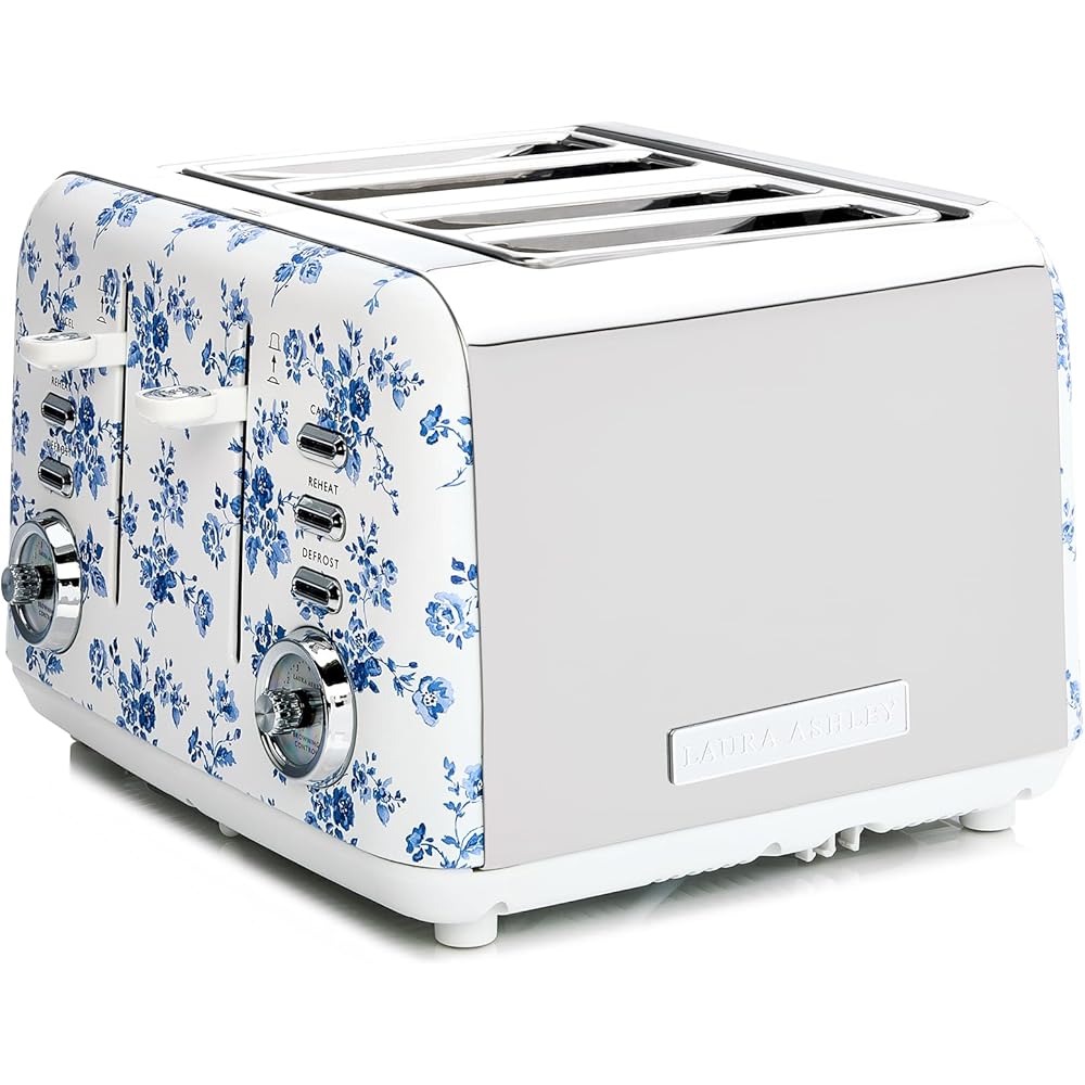 VQ Laura Ashley Grille-Pains 4 Tranches avec Modes de Chauffage, Décongélation et Réchauffage Réglables - Inox Grille Pain Vintage avec un Support de Réchauffage Pour Croissants - China Rose : Cuisine et Maison