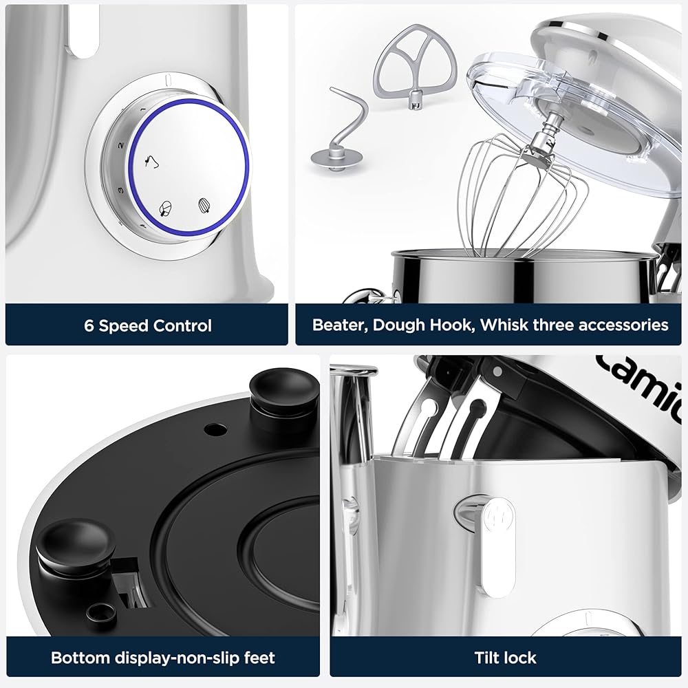 Camic Robot Pâtissier Multifonctions, Pétrin 8L 1500W Puissant, Robot de Cuisine avec Crochet Pétrisseur, Batteur, Fouet à Fil, Couvercle, Compatible Lave-vaisselle : Cuisine et Maison
