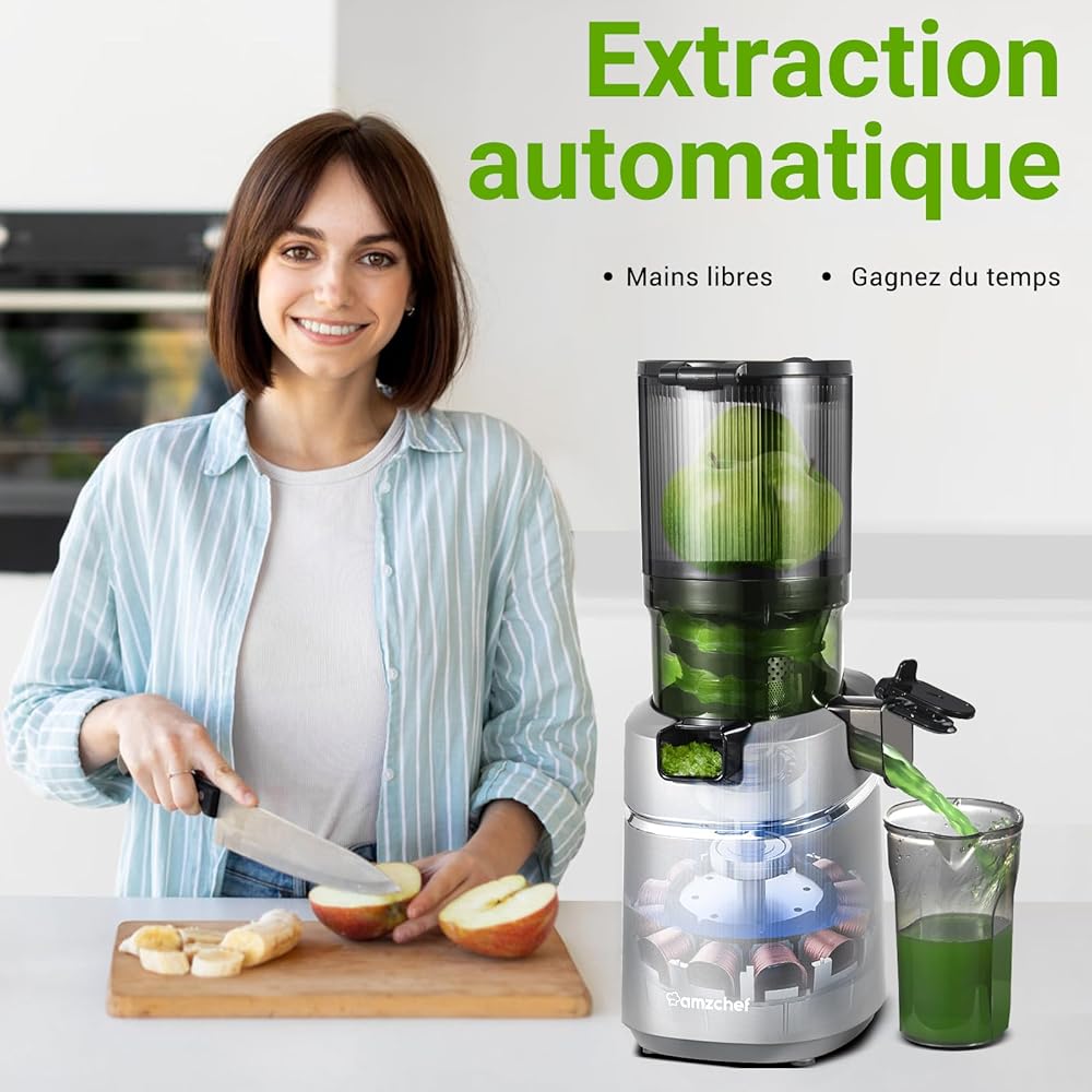 AMZCHEF Extracteur de jus automatique Vos mains libres, Ouverture de 135 mm et capacité de 1,8 L Extracteur de jus de fruits et légumes entiers, Extracteur jus lent de 250W avec triple filtre - Argent : Cuisine et Maison