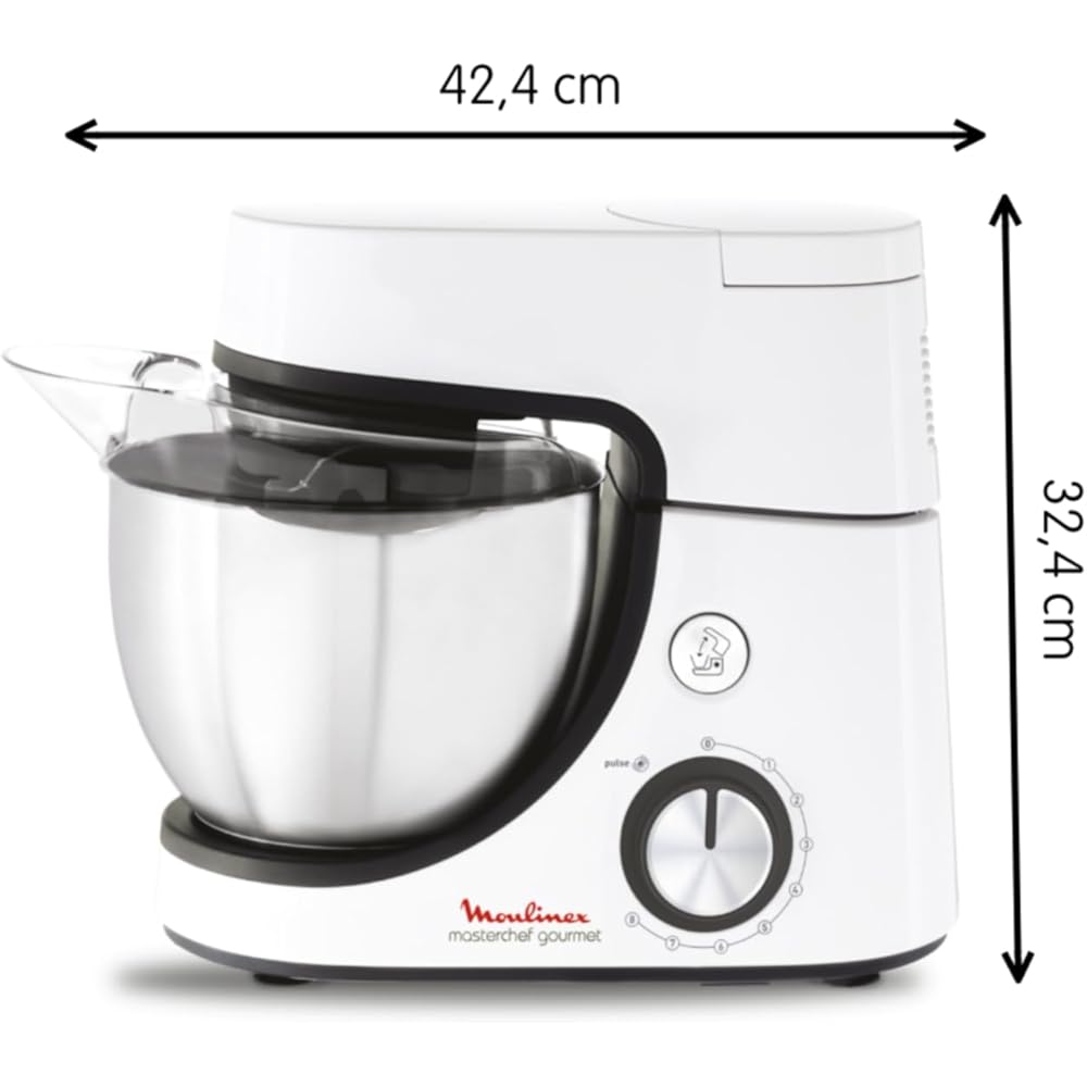 Moulinex Robot pâtissier, Capacité bol 4,6 L, 8 vitesses + Pulse, Technologie Fouet Whisk pour un fouettage parfait, Batteur et pétrin en fonte d'aluminium, 1100 W, Masterchef Gourmet blanc QA510110 : Cuisine et Maison
