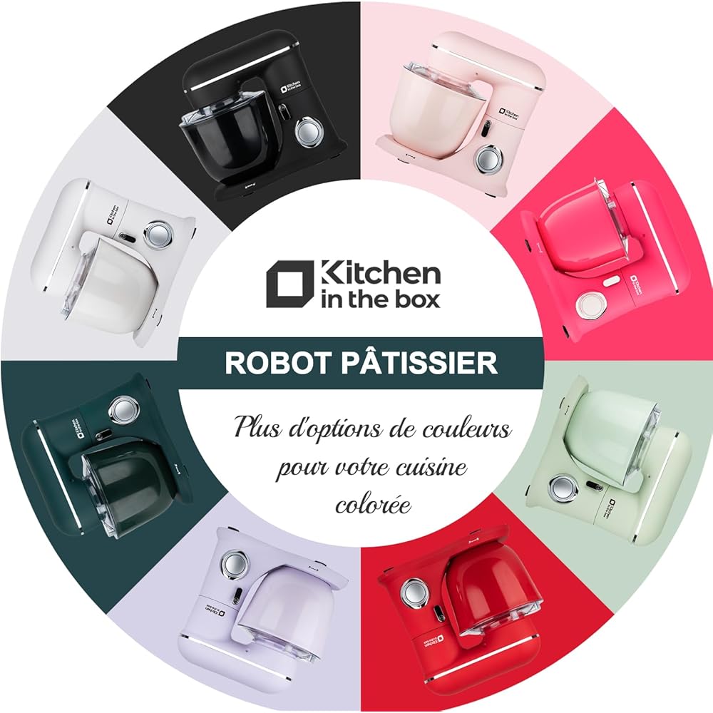 Kitchen in the box Robot Pâtissier, 4.5L+5L 2Bols Robots de Cuisine, 10 Vitesses Batteur Electrique Cuisine, 1300W Pétrin Professionnel avec Fouet, Batteur, Crochet (Noir) : Cuisine et Maison