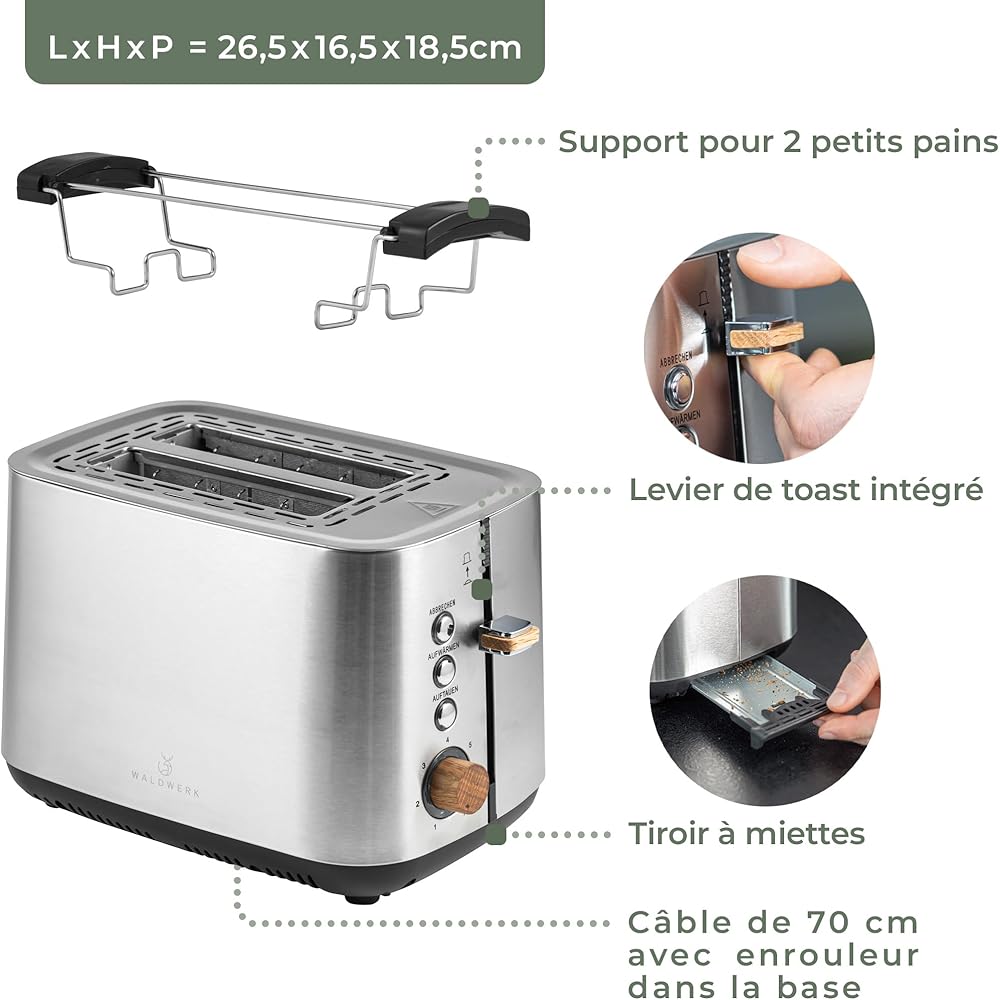 WALDWERK Design Grille Pain en Inox et Bois de Chêne - Toaster Intelligent à Fentes Larges et Profondes avec Support pour Petits Pains - Petit Grille-pain avec Tiroir Ramasse-miettes Amovible :
