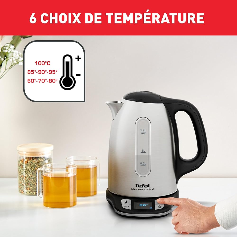 Tefal Bouilloire électrique sans fil inox, 1,7 L, 2400 W, 7 températures réglables de 60 à 100°, Ecran digital, Maintien au chaud 60 min, Express Control KI240D10 : Cuisine et Maison