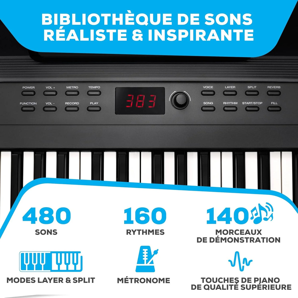 Piano Numérique 88 Touches avec 480 Sons, Haut-Parleurs, Sac de Transport, Support, Casque