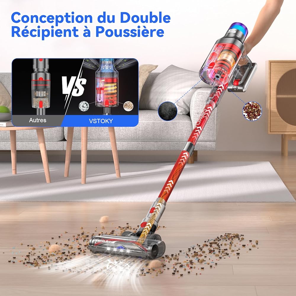 VSTOKY V15 Pro Max Aspirateur Balai sans Fil, 600W/48Kpa/70Mins Aspirateur sans Fil Puissant avec Écran LED, Design à Double Bac Aspi pour Sols Durs Poils d'animaux Tapis : Cuisine et Maison