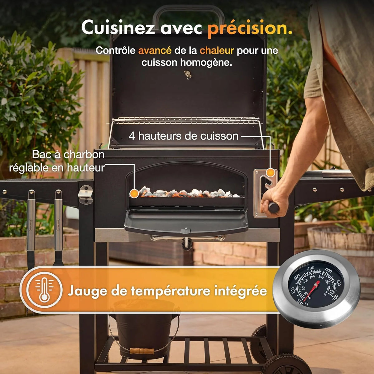 Barbecue au Charbon XL – avec Grille de Maintien au Chaud, Tablettes Rabattables, Thermomètre, Roues