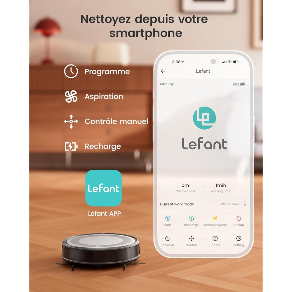 Lefant Aspirateur Robot, Robot Aspirateur 4500Pa Puissance d'Aspiration, Évitement Précis des Obstacles, Anti-Enchevêtrement Idéal pour Les Poils d'animaux, Cheveux et Sols Durs,Contrôle par App/Alexa : Cuisine et Maison