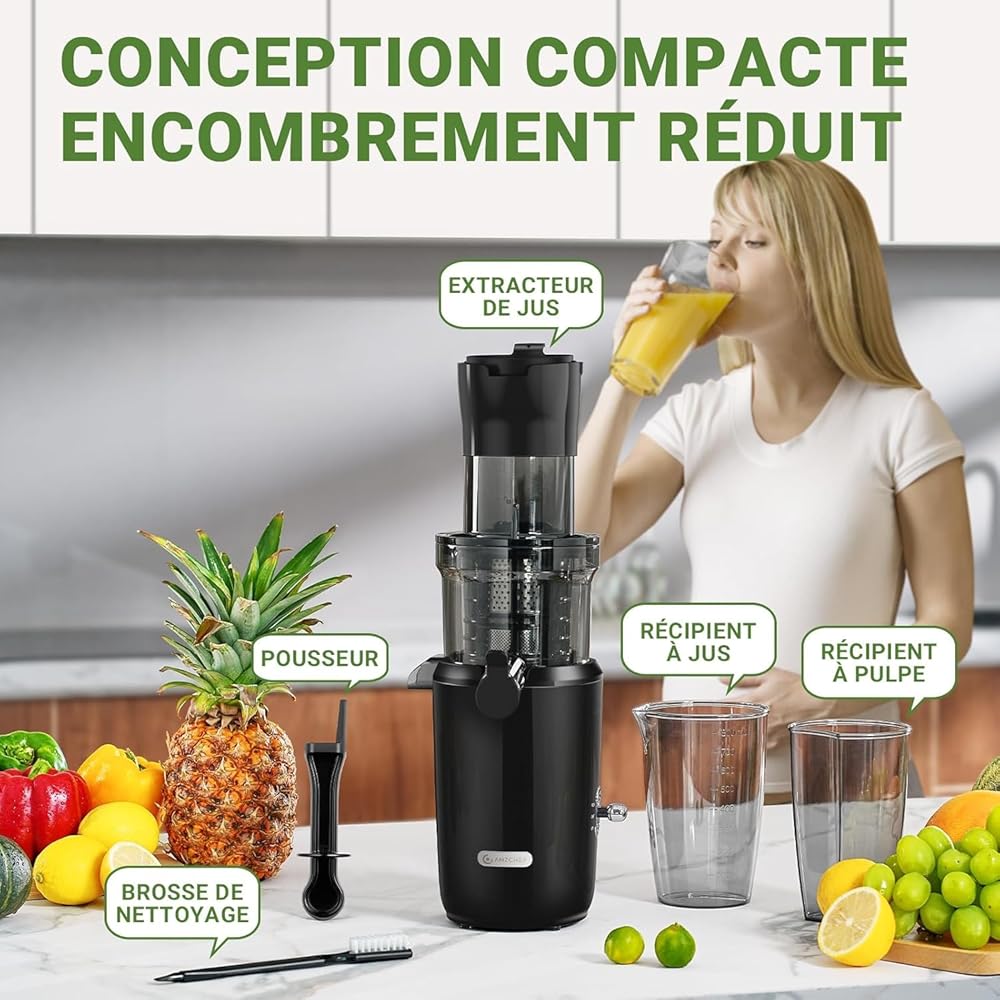 AMZCHEF Extracteur De Jus Pour Fruits Entiers 80MM - Centrifugeuse Extracteur De Jus Sans BPA - 200W Extracteur De Jus Froid Avec Tarière Améliorée, Filtre Double Couche, Moteur Silencieux - Noir Bleu : Cuisine et Maison