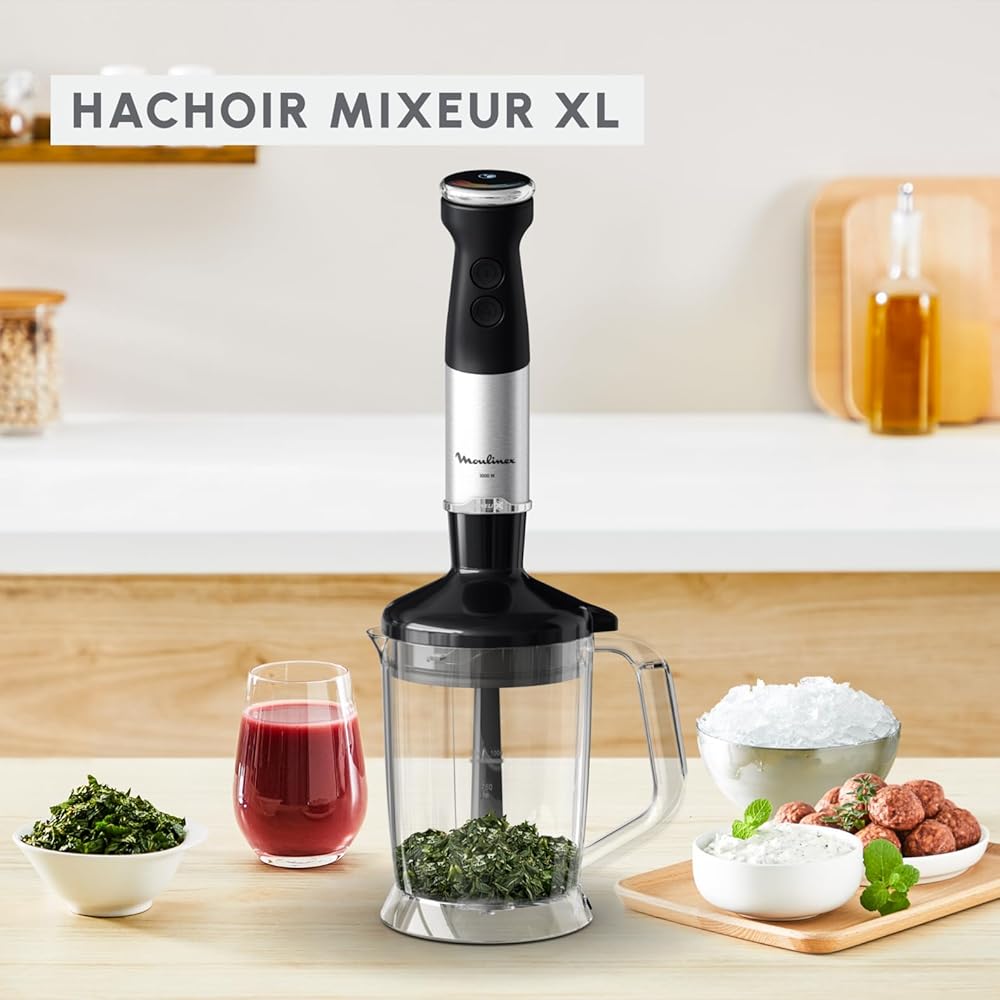 Moulinex Quickchef+ Pied Mixeur, 1000 W, Silencieux, 20 vitesses, Mode turbo, Accessoires hachoir compact, Hachoir mixeur XL, Fouet DD67L810, Noir : Cuisine et Maison