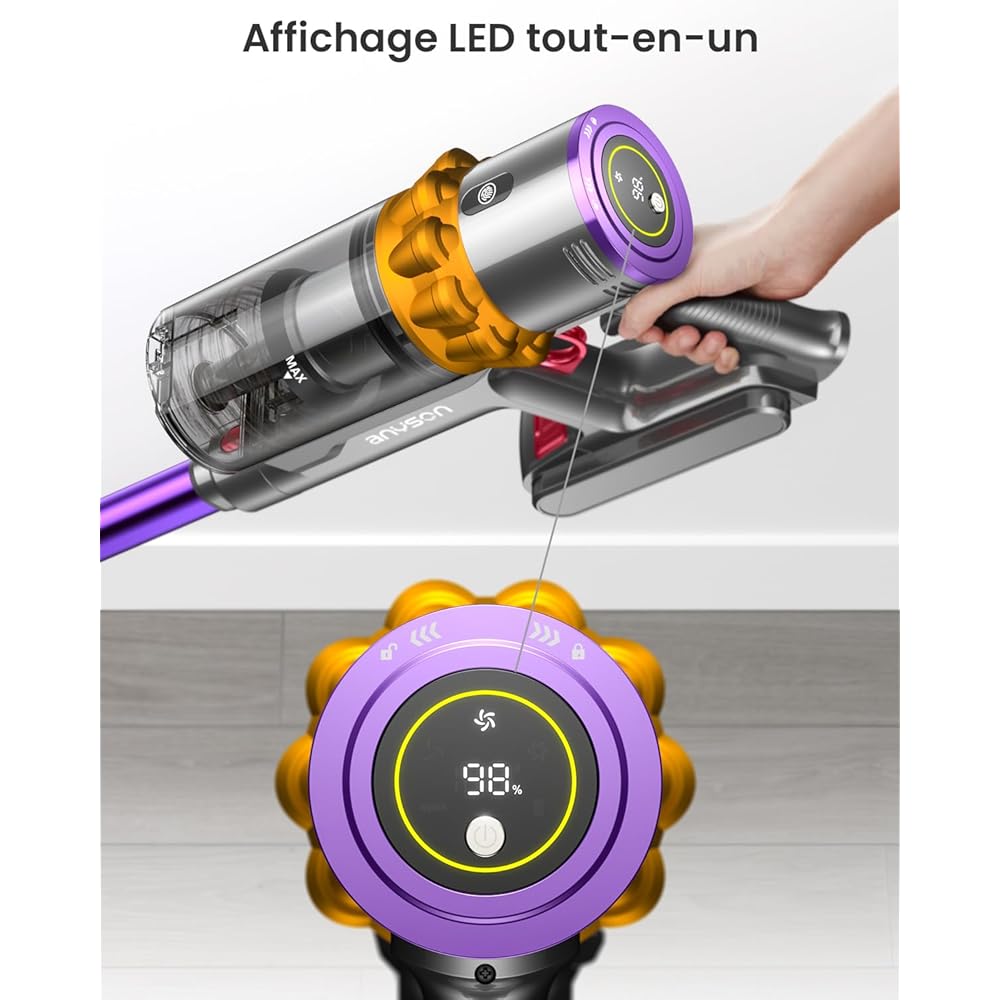 ANYSON 45Kpa/550W/70 Minutes Aspirateur Balai sans Fil,Aspirateur sans Fil Ecran Tactile,1,6L Capacité,8 Système de Filtration de Niveau,Aspirateur balais pour Sols Durs/Les Poils d'animaux/Tapis : Cuisine et Maison