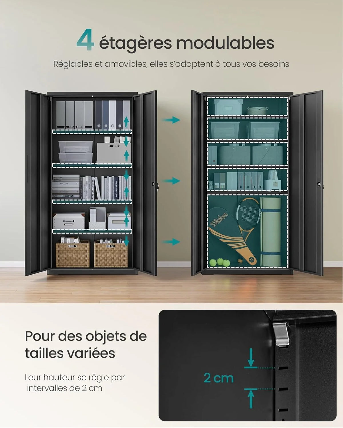 Meuble de Rangement Bureau, 5 Niveaux, Doubles Portes, Serrure, OMC015B01