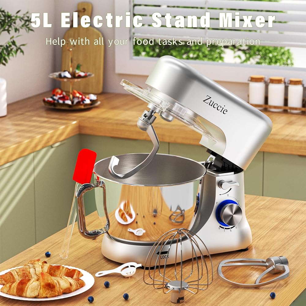 Robot Patissier, Zuccie 5 L Robot Pâtissier, 1000W Robot Cuisine avec Fouet, Batteur, Crochet, Bol d'Acier Inoxydable et Pare-éclaboussures, 8+P Vitesses Robot Pétrin Professionnel (Noir) : Cuisine et Maison