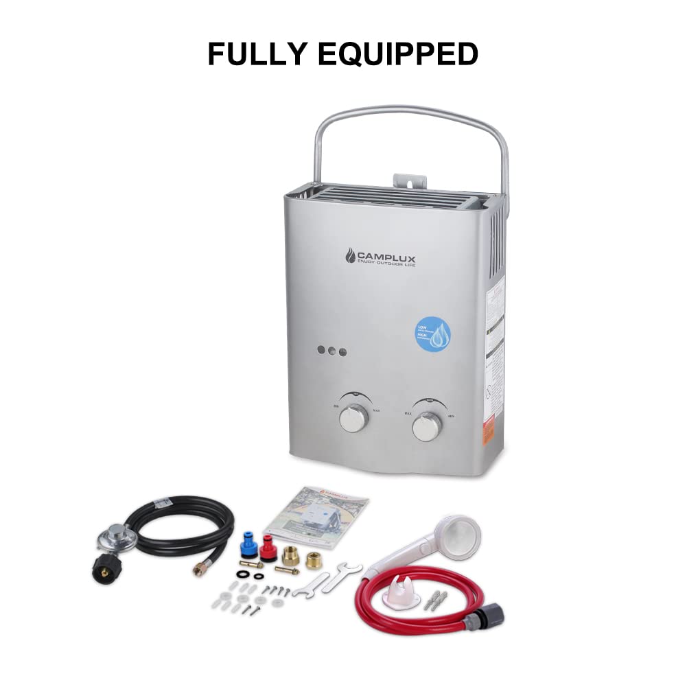 Small Portable Propane Water Heater, Camplux 1.32 GPM Outdoor Tankless Gas Water Heaters for Camping, 5L, Gray