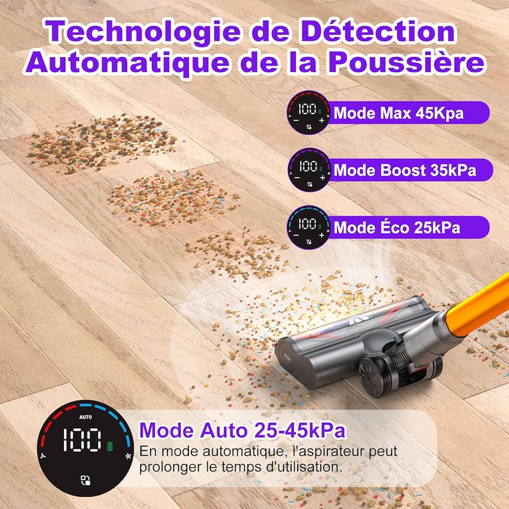 coovy SU7 Aspirateur Balai sans Fil 580W/45Kpa/70Mins, Aspirateur sans Fil Puissant, Chargement Mural, Écrans Tactiles LED, 1,3L Capacité, pour Sols Durs/Tapis/Les Poils d'animaux : Cuisine et Maison
