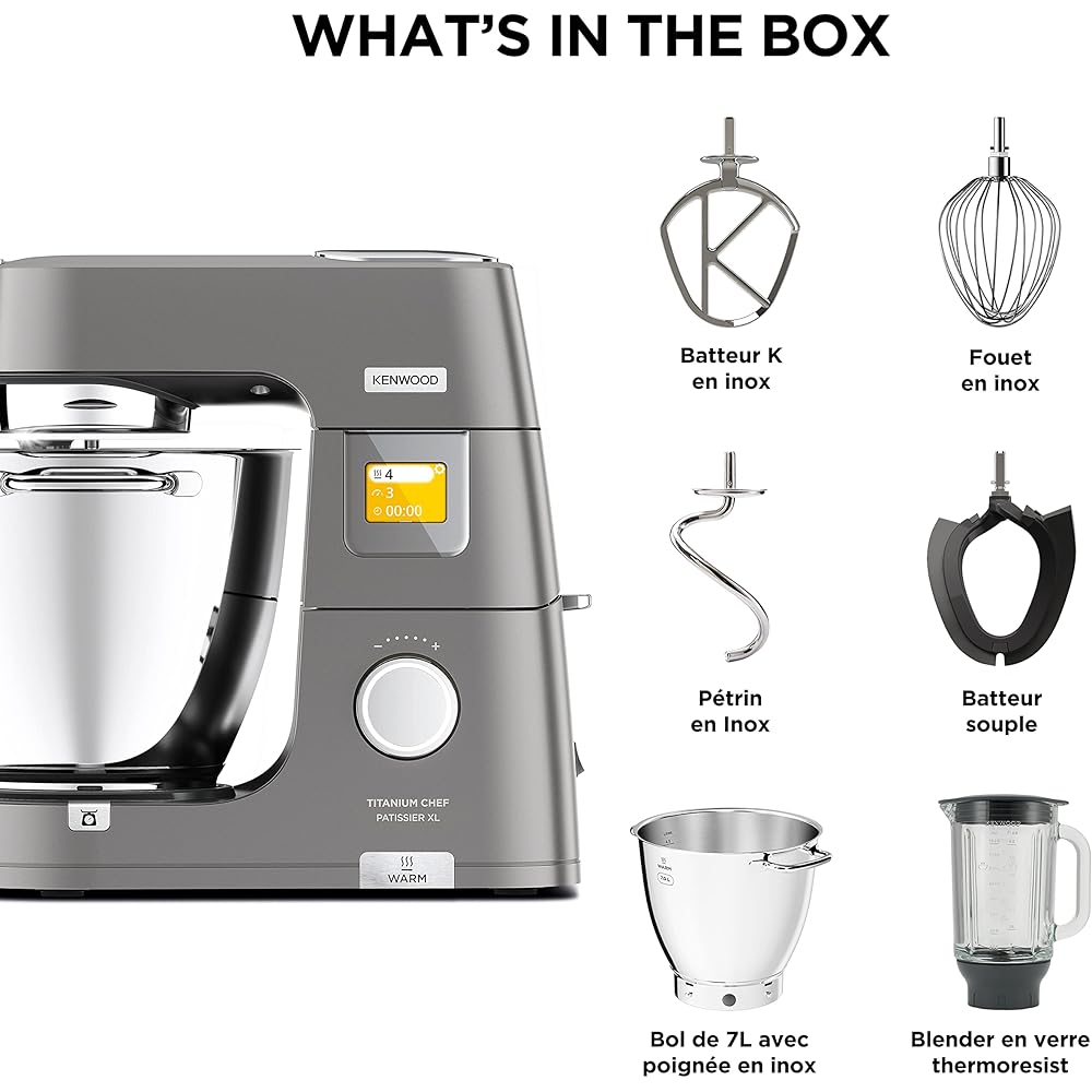 Kenwood Titanium Chef Patissier XL KWL90.034SI, Robot Patissier Balance Intégrée, Batteur K, Pétrin, Fouet, Batteur Souple, Deux Bols, Couvercle Anti-Projections, 1400W, Acier, Argent : Cuisine et Maison