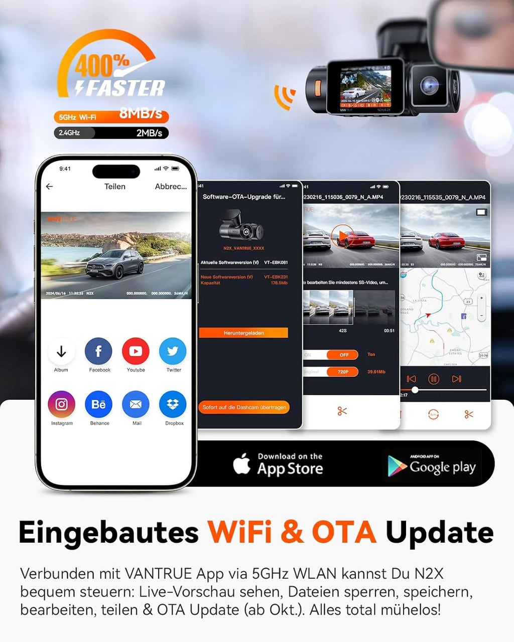 N2X 2.7K 1080P Dashcam Voiture Avant Intérieur, Support LTE, 5GHz WiFi GPS, APP & Commande Vocale