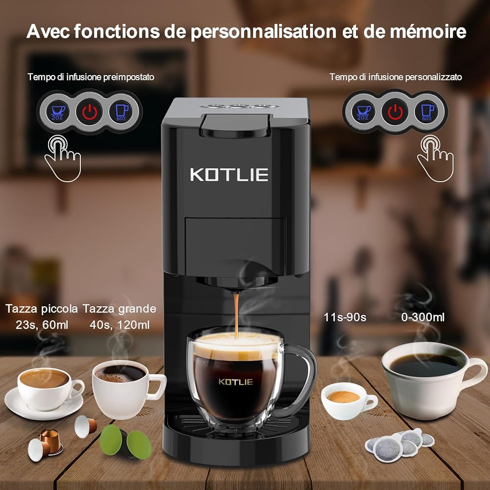 KOTLIE AC-513K 4 en 1 Cafetières à Capsules pour NES/DG/Café en Poudre/ESE(44mm), Pression de 19Bar, 0.8L Réservoir d'eau,Capacité Personnalisable（Noir） : Cuisine et Maison