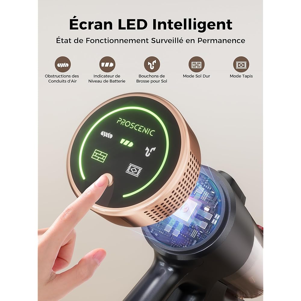 Proscenic P11 Ultra Aspirateur Balai sans Fil,40KPA 450W Aspirateur sans Fil Puissant,LED GreenEye,Brosse Anti-Emmêlement,télescopique Léger Aspirateur Balai pour Tapis Poils Animaux Sol Dur Voiture : Cuisine et Maison