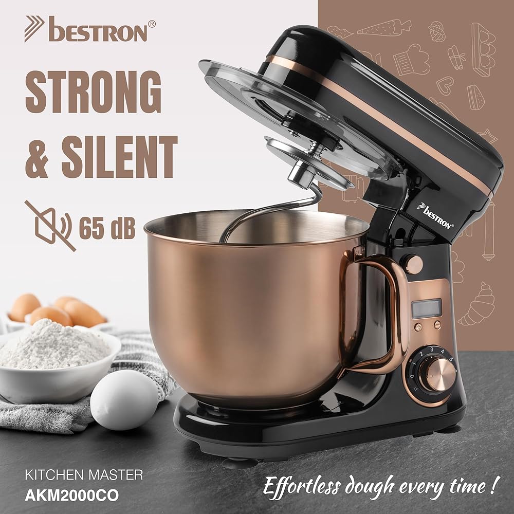 Bestron Robot Patissier, Robot pâtissier super silencieux (65 dB), Robot de cuisine 4-en-1, bol de 6 litres, inclus crochet pétrisseur, fouet et batteur plat, 6 vitesses + fonction Pulse, Cuivre : Cuisine et Maison