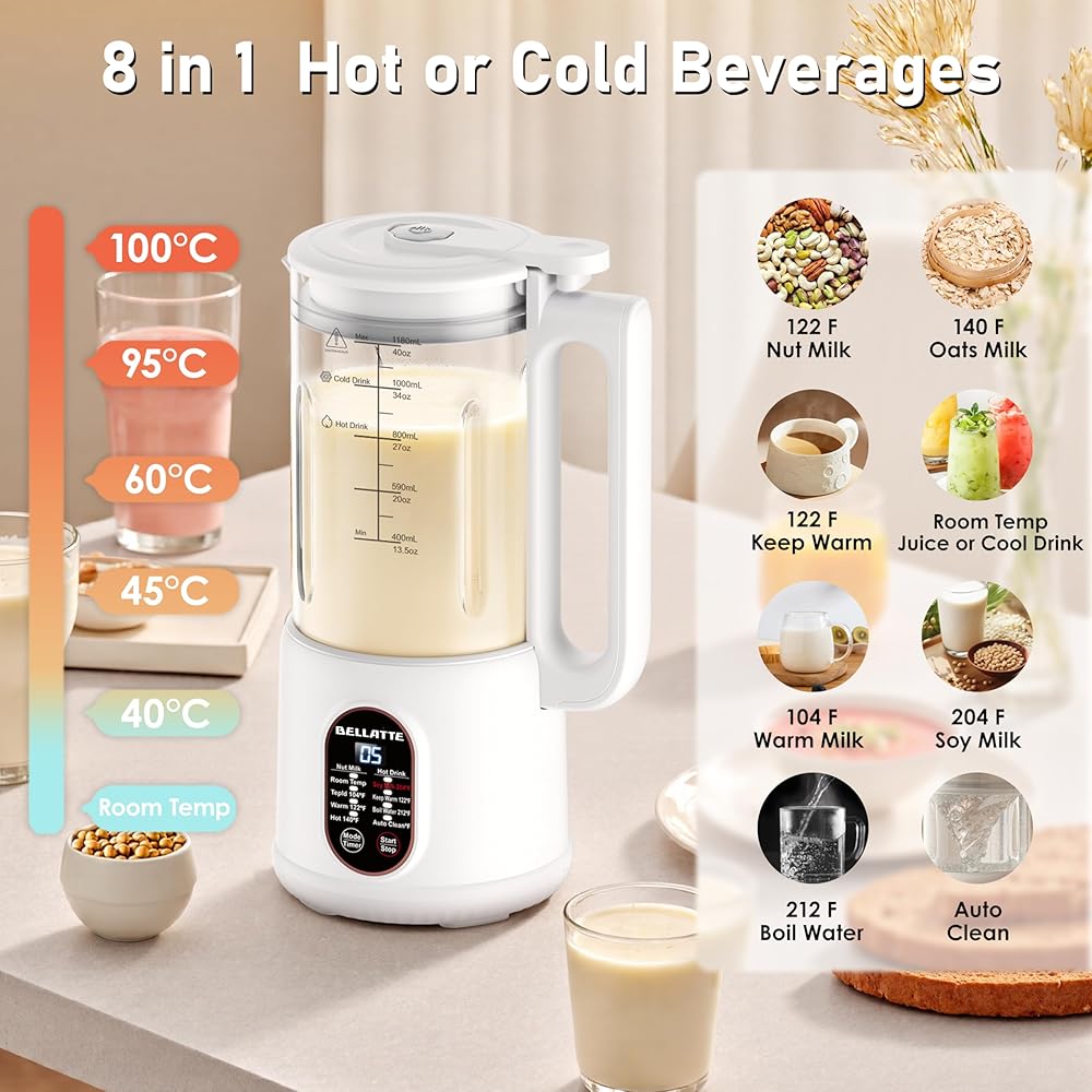 Machine à Lait Végétaux, Bellatte 1200 ml Machine à Lait de Noix Automatique et Jus avec Fonction de Nettoyage, 8 in 1 Multifonctionnel Machine pour Lait pour Avoine, Soja, Noix, Fruits : Cuisine et Maison