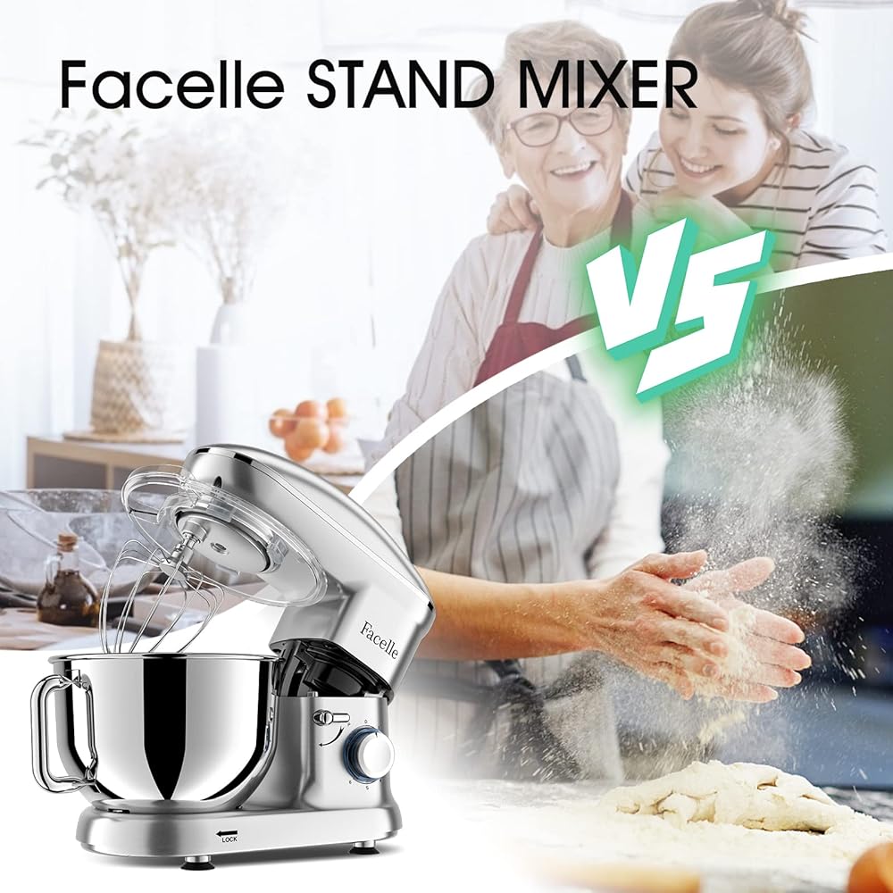 Robot Pâtissier 1500W Facelle Petit électroménager 6,2 L,avec Crochet Pétrisseur,Batteur,Fouet à Fil,protection contre les éclaboussures,pour la cuisson,les gâteaux (Argent) : Cuisine et Maison
