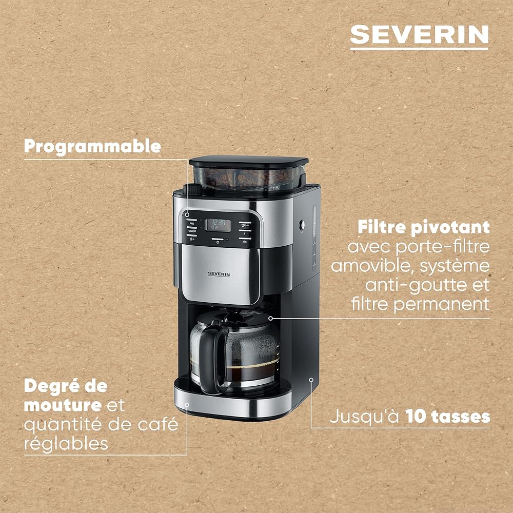 SEVERIN Cafetière avec broyeur intégré 1 000 W, Machine à café programmable avec minuteur, Cafetière filtre avec verseuse en verre d'une contenance de 10 tasses, Noir/Inox, KA 4810 : Cuisine et Maison