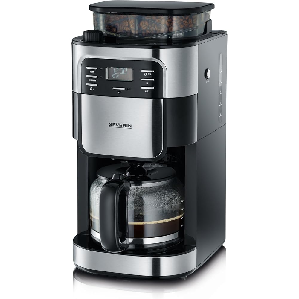 SEVERIN Cafetière avec broyeur intégré 1 000 W, Machine à café programmable avec minuteur, Cafetière filtre avec verseuse en verre d'une contenance de 10 tasses, Noir/Inox, KA 4810 : Cuisine et Maison