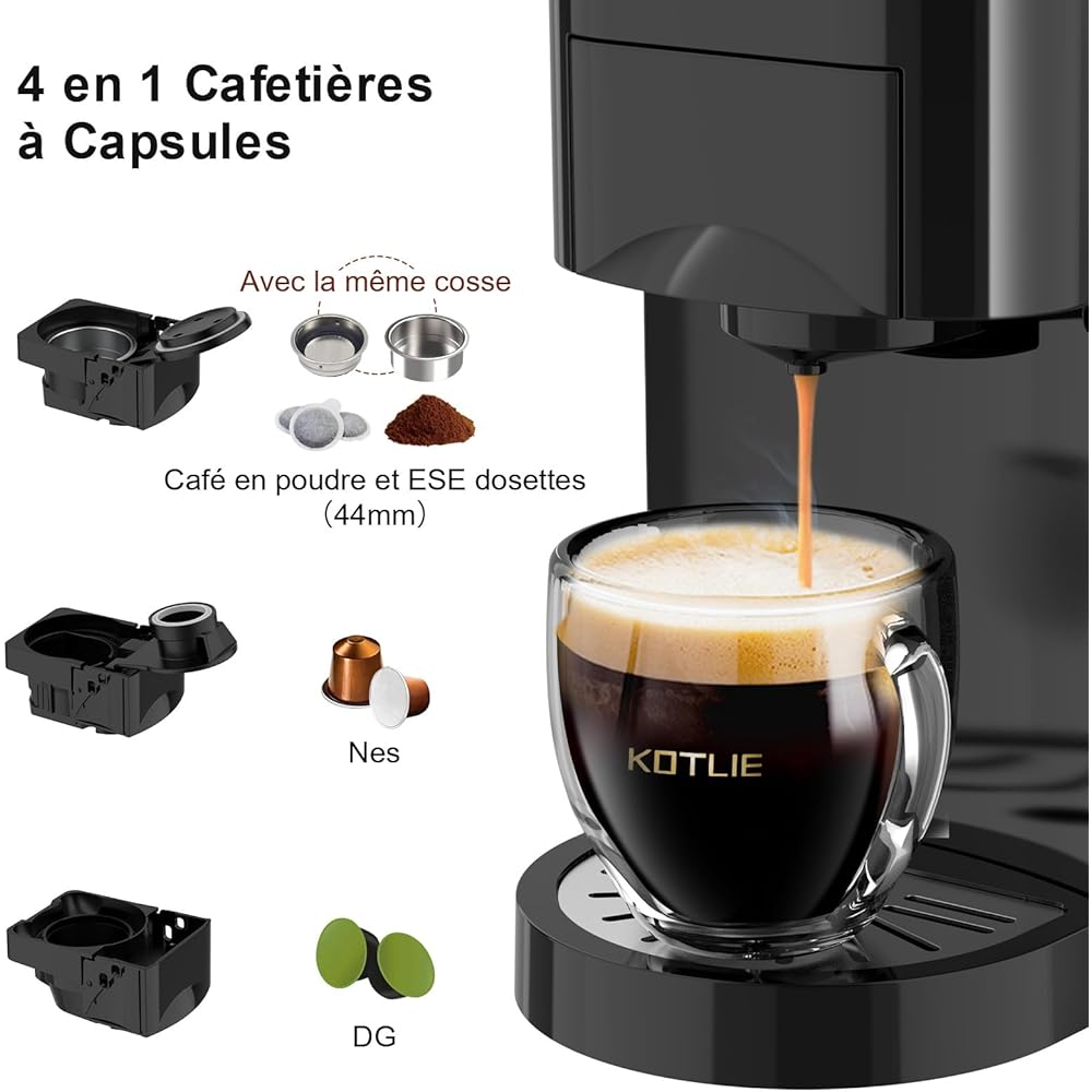 KOTLIE AC-513K 4 en 1 Cafetières à Capsules pour NES/DG/Café en Poudre/ESE(44mm), Pression de 19Bar, 0.8L Réservoir d'eau,Capacité Personnalisable（Noir） : Cuisine et Maison