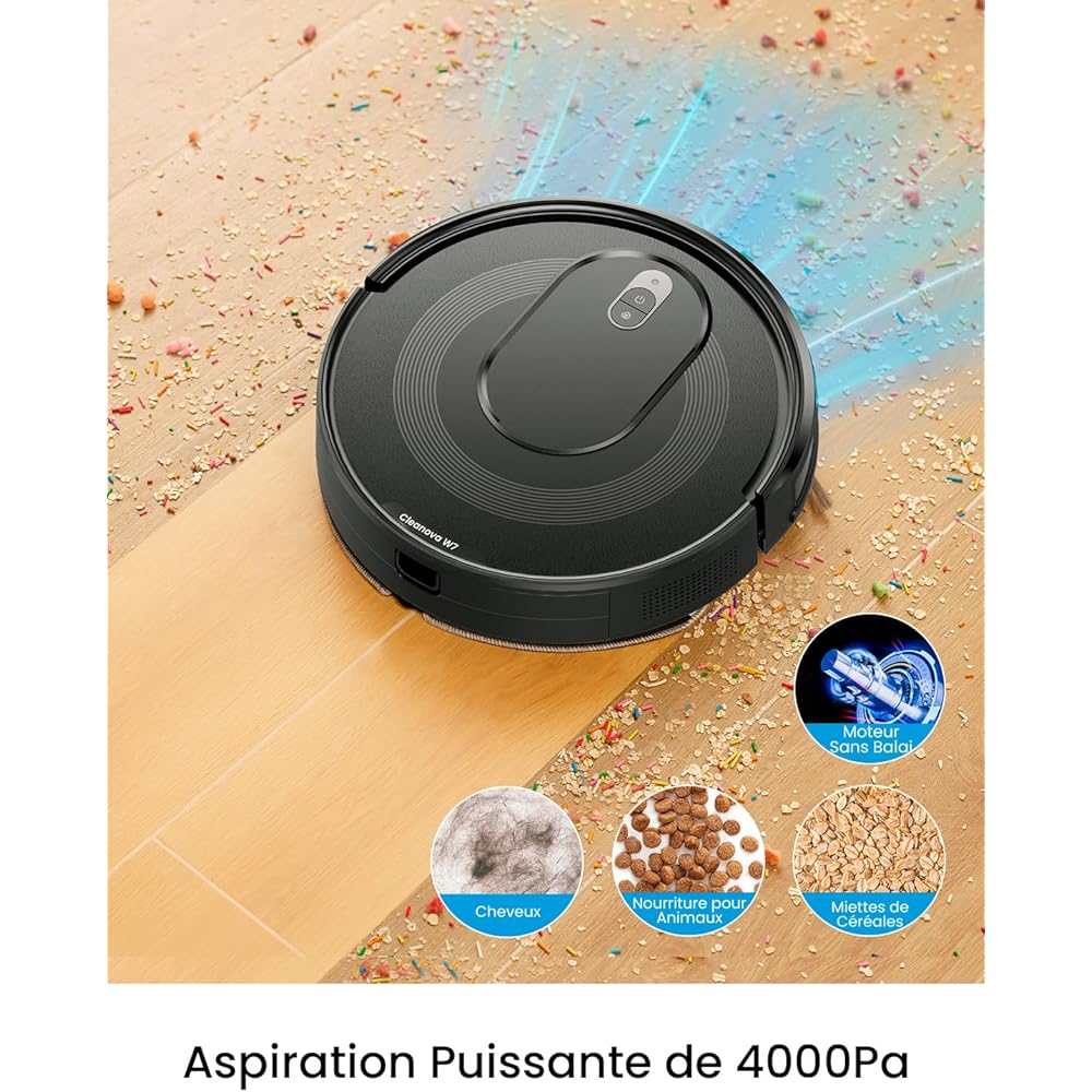 Vexilar Cleanova W7 Aspirateur Robot 3 en 1,Robot aspirateur Laveur Aspiration 4000Pa,120min d'Autonomie,Anti-Enchevêtrement,Alexa/APP/IFTTT,Ultra-Silencieux 55dB,aspirateur Robot Poils Animaux : Cuisine et Maison