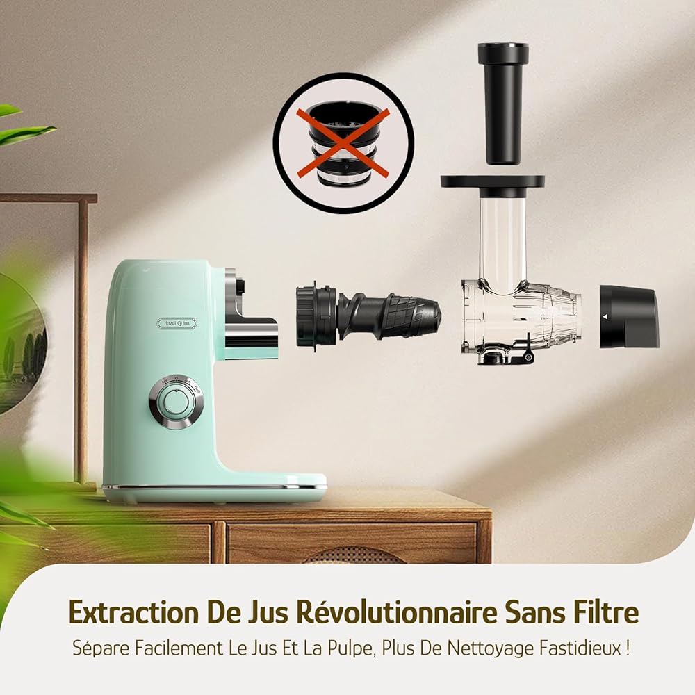 Extracteur de Jus de Fruits et Légumes Hazel Quinn - Technologie Sans Filtre pour un Nettoyage Facile, Modes 2 Vitesses et Fonction Inverse, Moteur Silencieux 80 tr/min, Sans BPA. : Cuisine et Maison