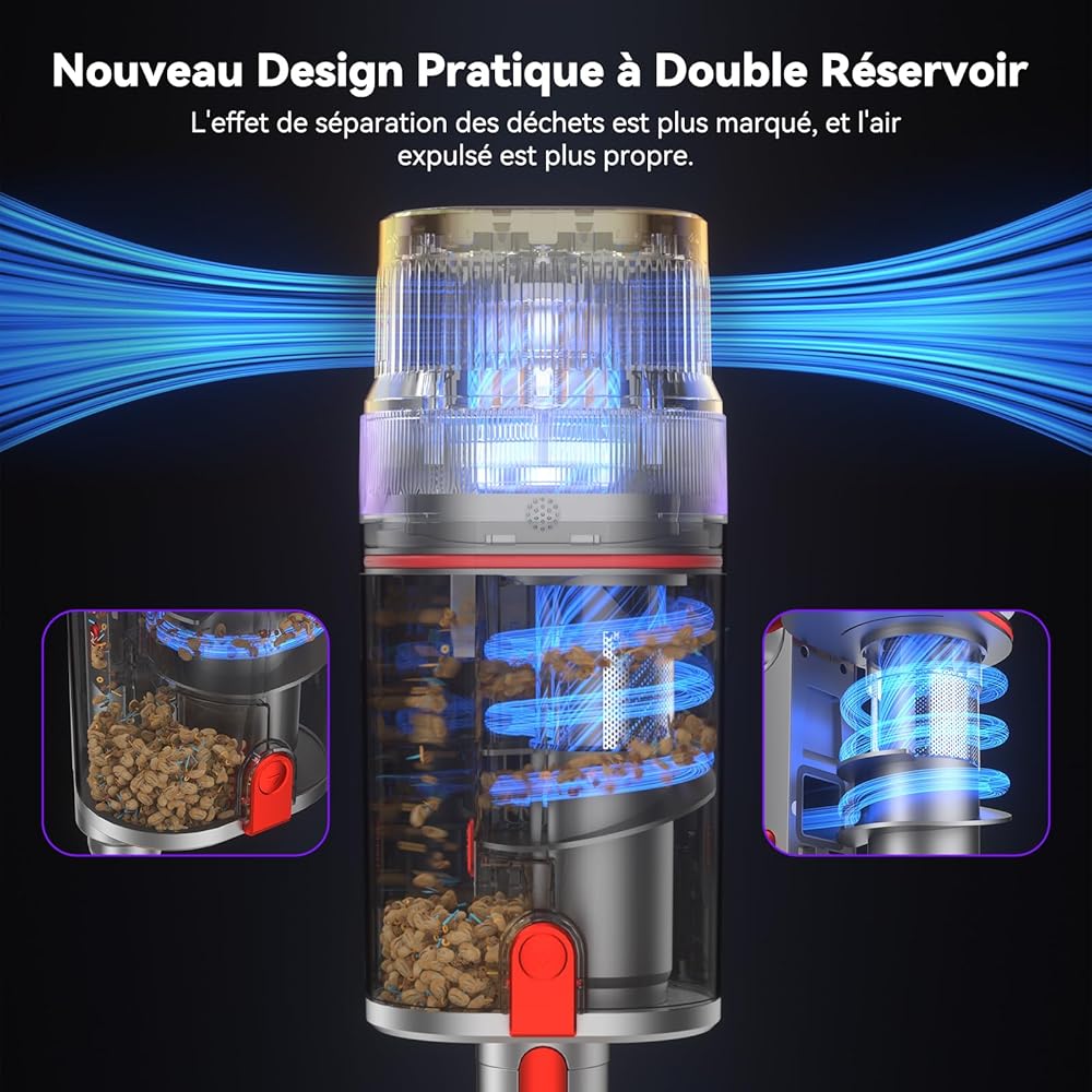 Vistefly V15 Ultra Aspirateur Balai sans Fil, 600W/48Kpa/70Mins Aspirateur sans Fil Puissant avec Écran Double, Design à Double Conteneur Aspi pour Sols Durs Poils d'animaux Tapis : Cuisine et Maison