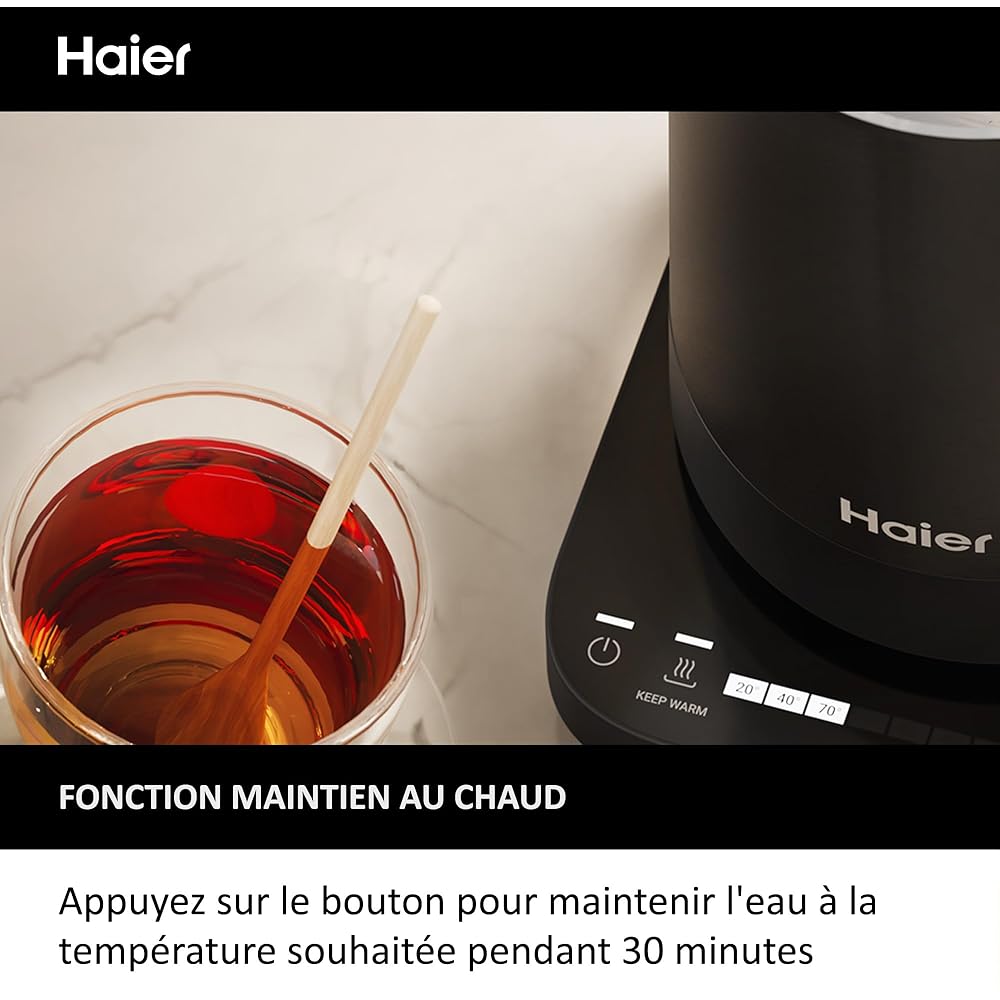 Haier I-Master Série 5 Bouilloire, Acier Inoxydable, 1,7L, Economie d'Energie, 7 Réglages de Température, Fonction de Maintien au Chaud, Fonction Tasse Unique 0,25L, 2000W [Noir] : Cuisine et Maison