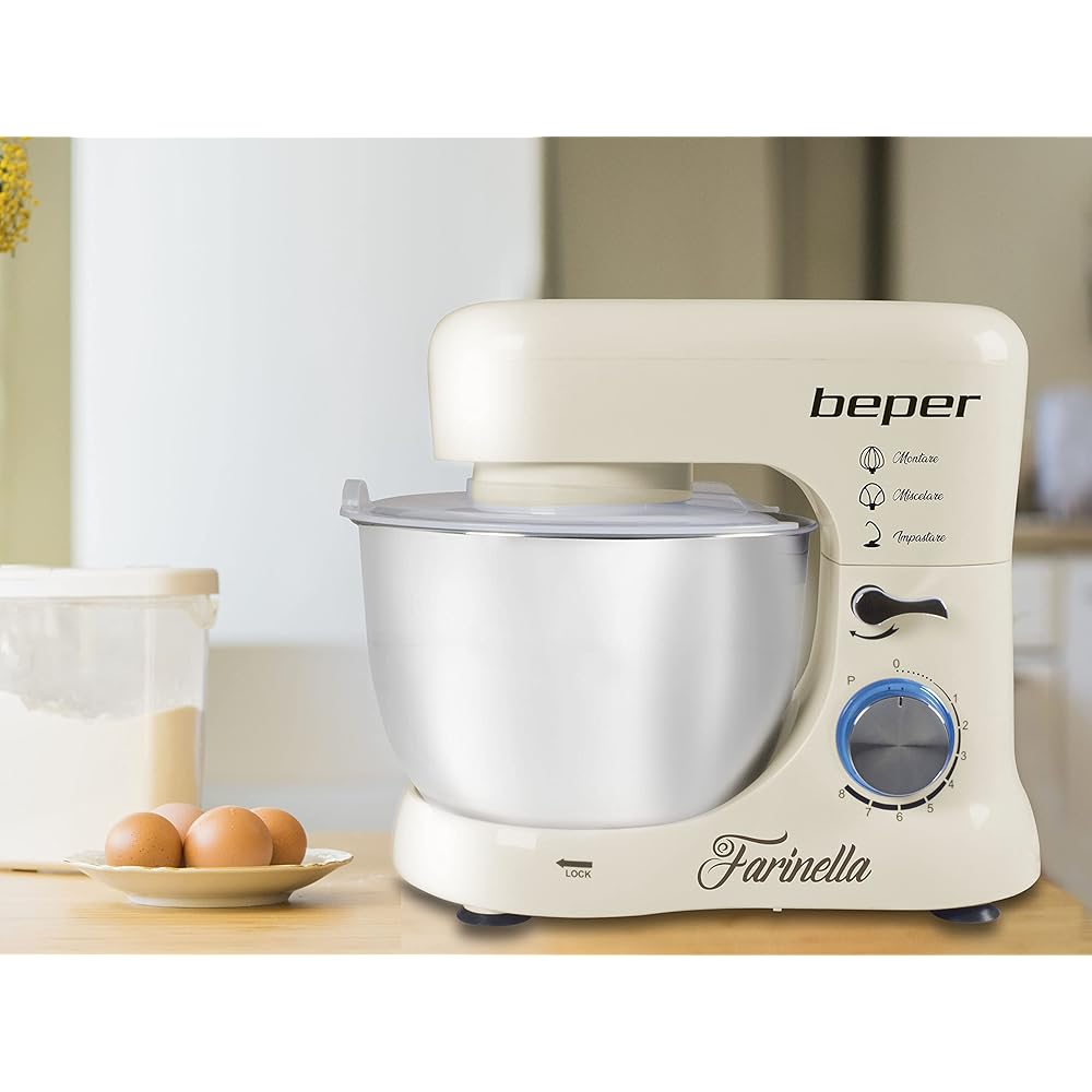 Beper BP.200 Robot pâtissier planétaire, puissance 1000 W, récipient en acier inoxydable de 4,5 L, pour pétrir, amalgamer et monter à neige, couleur crème : Cuisine et Maison