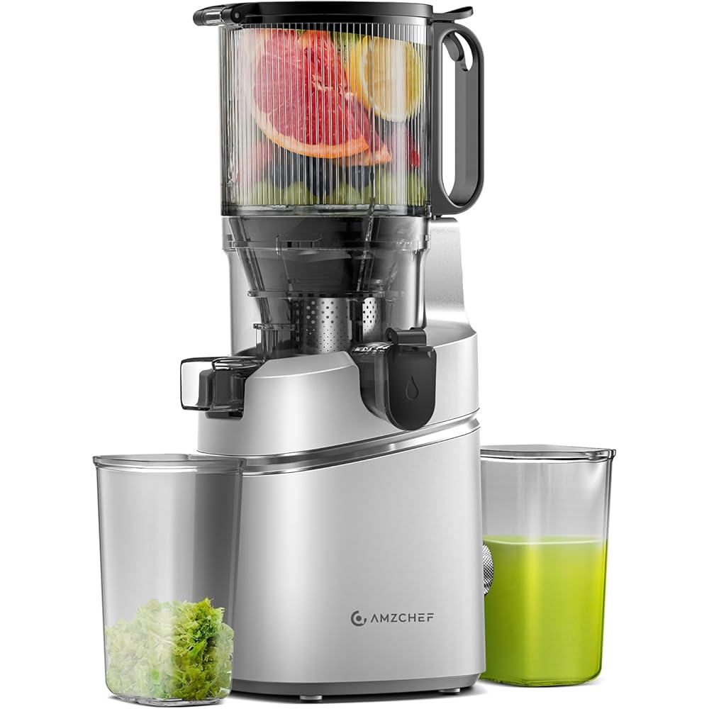 AMZCHEF Extracteur de jus automatique Vos mains libres, Ouverture de 135 mm et capacité de 1,8 L Extracteur de jus de fruits et légumes entiers, Extracteur jus lent de 250W avec triple filtre - Argent : Cuisine et Maison