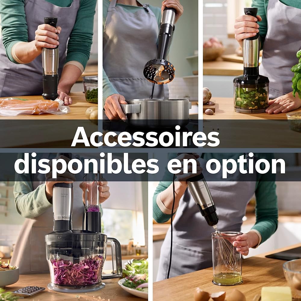 Bosch, mixeur plongeant, ErgoMaster Series 6, moteur 1200 watts refroidi par air, contrôle dynamique de la vitesse, couteau QuattroBlade Pro, accessoires inclus, MSM6M810 : Cuisine et Maison