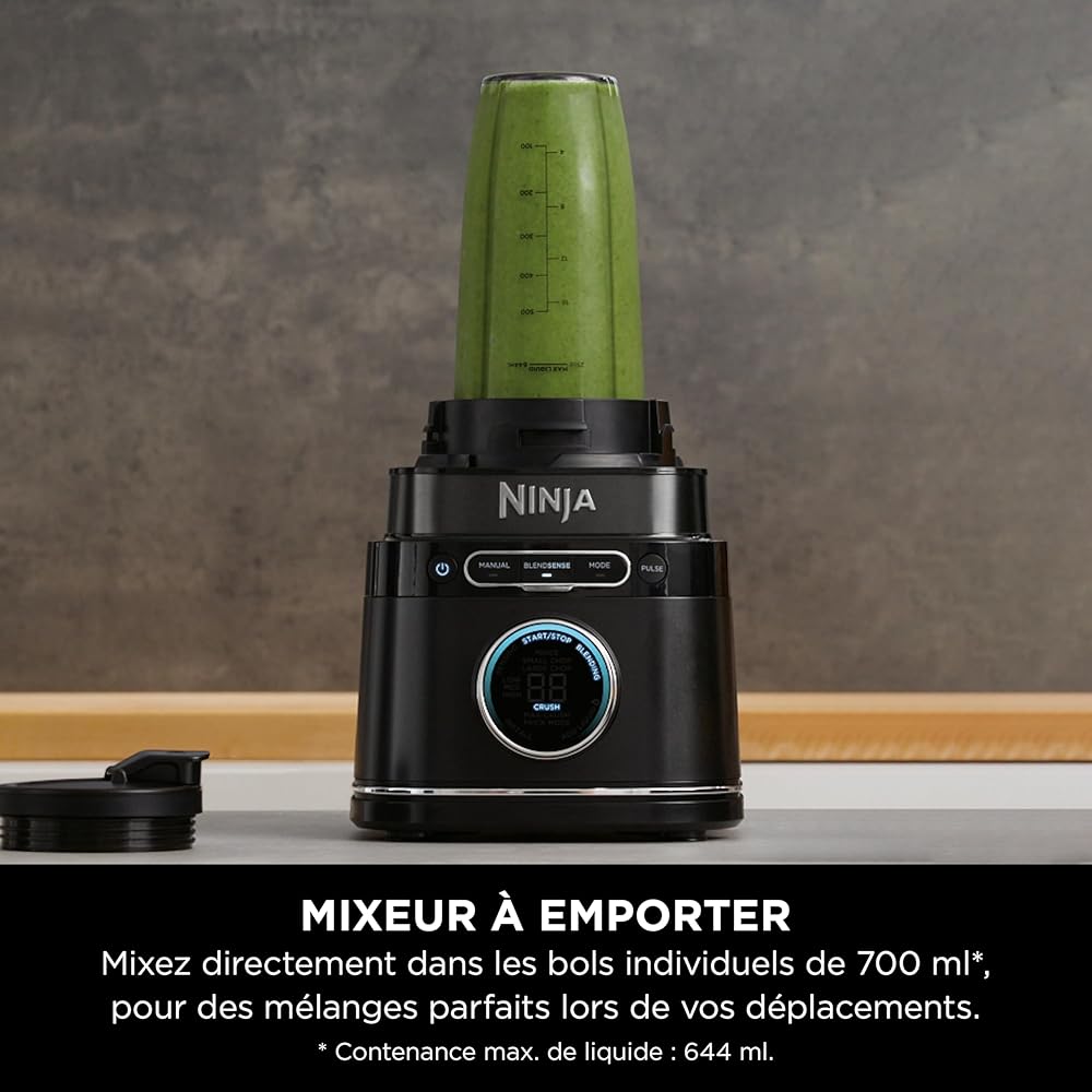 Ninja Detect Power Blender Processor Pro 3-en-1, mixeur 1200W, bol à mélanger, lame malaxeur, gobelet individuel, récipient, pétrir, mixer, hacher et mélanger, noir, TB401EU : Cuisine et Maison